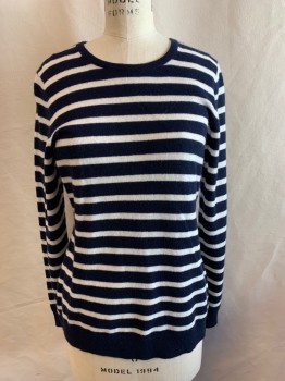 CHARTER CLUB, Navy Blue, White, Cashmere, Stripes, Crew Neck, Long Sleeves