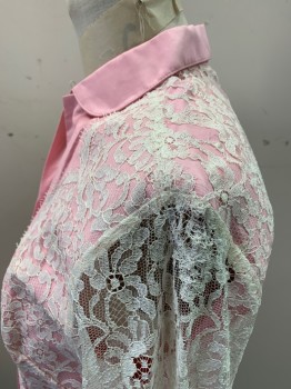 Womens, Shirt, PANHANDLE SLIM, Pink, White, Cotton, Solid, W: 30, 12, Button Front, Rhinestone/Silver Hexagon Snaps, Clover Collar, White Floral Lace Sleeves with Pink Snaps, White Lace Yoke Trim *Torn at Left Shoulder and Mended*