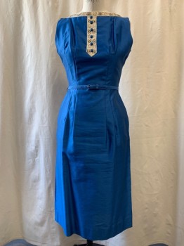 Womens, Cocktail Dress, N/L, Royal Blue, Silk, Solid, W 27, B 38, H 36, Sleeveless, Boat Neck, White/Gold/Black Geometric Abstract Ribbon Neck Trim and Faux Front Placket, Blue Fabric Covered Button Detail, Zip Back, Self Skinny Belt, 2 Pockets