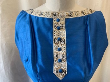 N/L, Royal Blue, Silk, Solid, Sleeveless, Boat Neck, White/Gold/Black Geometric Abstract Ribbon Neck Trim and Faux Front Placket, Blue Fabric Covered Button Detail, Zip Back, Self Skinny Belt, 2 Pockets