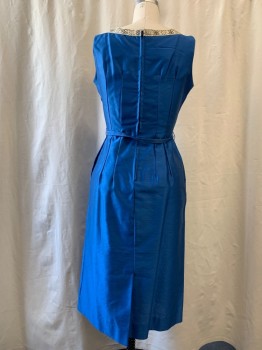 Womens, Cocktail Dress, N/L, Royal Blue, Silk, Solid, W 27, B 38, H 36, Sleeveless, Boat Neck, White/Gold/Black Geometric Abstract Ribbon Neck Trim and Faux Front Placket, Blue Fabric Covered Button Detail, Zip Back, Self Skinny Belt, 2 Pockets