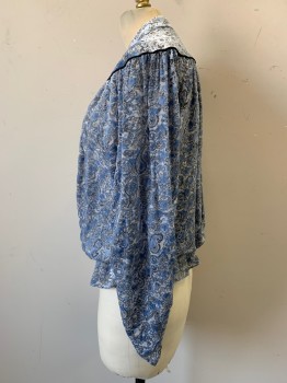 ZADIG & VOLTAIRE, White, Lt Blue, Black, Polyester, Paisley/Swirls, Stand Collar, Piped Yoke, Surplice V-neck, Elastic Waist with Ruffle, Long Sleeves Rouched at Forearms, Velor Laser Cut Design