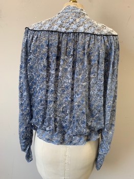 ZADIG & VOLTAIRE, White, Lt Blue, Black, Polyester, Paisley/Swirls, Stand Collar, Piped Yoke, Surplice V-neck, Elastic Waist with Ruffle, Long Sleeves Rouched at Forearms, Velor Laser Cut Design