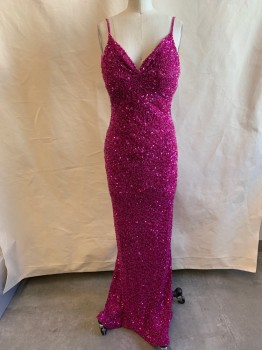 NO LABEL, Magenta Pink, Synthetic, Sequins, Solid, Sequinned and Beaded All Over, Spaghetti Straps, V-neck, Low Open Back with Two Decorative Straps