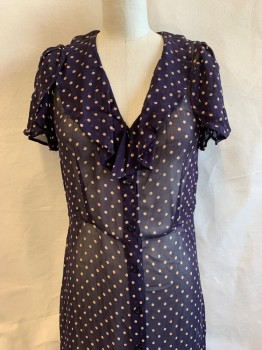 CHRSTY DAWN, Navy Blue, Beige, Polyester, Polka Dots, Sheer, V-N, Ruffles at Neckline, Ruffle Sleeves, Button Front, Midi