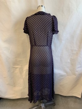 CHRSTY DAWN, Navy Blue, Beige, Polyester, Polka Dots, Sheer, V-N, Ruffles at Neckline, Ruffle Sleeves, Button Front, Midi