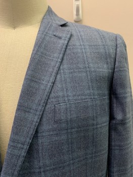 ROSSETTI, French Blue, Wool, Silk, Plaid, Single Breasted, 2 Buttons, Notched Lapel, 3 Pockets,