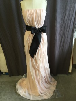 VERA WANG WHITE, Lt Pink, Black, Polyester, Solid, Strapless, Solid Pink Lining, Multi- Vertical Ruffle Front & Back Center, Zip Back, Detached 3.5" Black Satin Tie with Flower Attached, Multiples Available