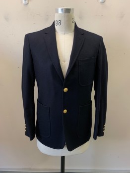 BLACK FLEECE, Navy Blue, Wool, Cotton, Solid, Single Breasted, 2 Buttons, Notched Lapel, 3 Pockets,