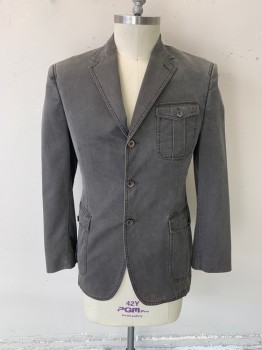 DKNY, Olive Green, Cotton, Notched Lapel, Single Breasted, Button Front, 3 Buttons, 3 Pockets *Faded