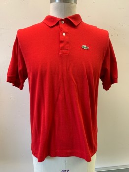 LACOSTE, Red, Cotton, Solid, S/S, Collar Attached, 2 Buttons, Logo On Chest