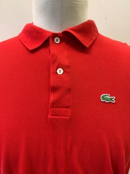 LACOSTE, Red, Cotton, Solid, S/S, Collar Attached, 2 Buttons, Logo On Chest