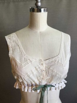 Womens, Camisole 1890s-1910s, M.T.O., Cream, Olive Green, Cotton, Rayon, B30/32, Cream Cotton Batiste with Lace Trim Square Neckline, Button Front, Olive Green Ribbon Drawstring High Waist with Cream Eyelet Lace. Inlay Diagonal Lace Panels