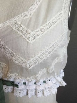 Womens, Camisole 1890s-1910s, M.T.O., Cream, Olive Green, Cotton, Rayon, B30/32, Cream Cotton Batiste with Lace Trim Square Neckline, Button Front, Olive Green Ribbon Drawstring High Waist with Cream Eyelet Lace. Inlay Diagonal Lace Panels