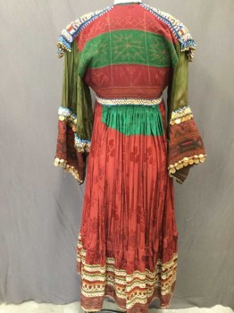Womens, Sci-Fi/Fantasy Dress, Multi-color, Silk, Beaded, Floral, Geometric, 0, Heavily Beaded W/ Beads & Coins, Lots Of Applique Smocked Empire Waist, Long Sleeves, Very Noisy *Tear At Seam At Base Of Green Waist Patch In Back