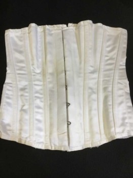Womens, Corset 1890s-1910s, VOLLERS, Off White, Cotton, Polyester, Solid, W30+, B40+, Off White Satin, Front Hooking Busk Hidden By Placket, Lace Up Back,