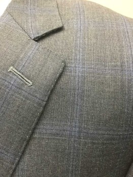 CANALI, Slate Blue, Dusty Blue, Navy Blue, Wool, Plaid-  Windowpane, Slate Blue with Lighter Dusty Blue Windowpane Stripes, Single Breasted, Notched Lapel, 2 Buttons,  3 Pockets