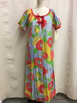 Womens, House Dress, Beverly Vogue, Lt Blue, Green, Red, Yellow, Cotton, Floral, Medium, Short Sleeve,  Hem Below Knee, Red Trim, Gathered Neckline With Two Ties, Raglan Sleeves, One Pocket
