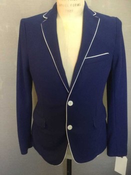 ZARA, Royal Blue, Polyester, Solid, Pique, Single Breasted, Notched Lapel, 3 Pockets, White Piping
