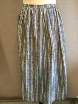 Womens, Apron 1890s-1910s, MTO, Dk Gray, Cream, Navy Blue, Cotton, Linen, Stripes - Vertical , Heathered, Half Apron, Heather Dark Gray W/cream and Broken Navy Vertical Stripes, Floor Length, (small Red Stained On Right Side Hem)  