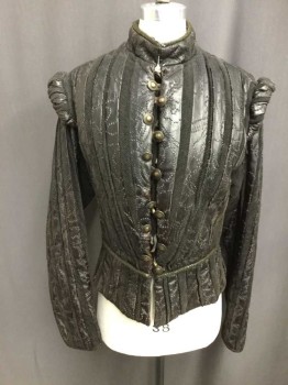 Mens, Historical Fict Jerkin/Doublet, NO LABEL, Chocolate Brown, Leather, Stripes, 38, Button Loop Front Closure, Raised Dotted Leather Stripes, Stripes Of Brown/black Diagonal Striped Brocade, Band Collar, Braided Waistband, Padded Front, Detachable Sleeves,