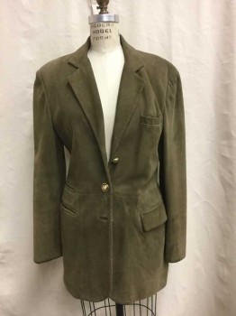 MOSCHINO, Taupe, Suede, Leather, Solid, Single Breasted, Notched Lapel, Hip Length, 3 Gold Metal Buttons At Center Front, 4 Pockets, Shoulder Pads, 3 Gold Buttons At Cuffs, Vent At Center Back Seam, Olive Lining,