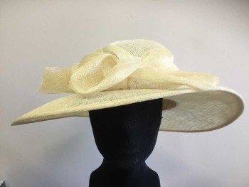 Womens, Straw Hat, DEBORAH, Ivory White, Straw, Solid, 22.25", Wide Brim, Bow and Flowers Made From Straw