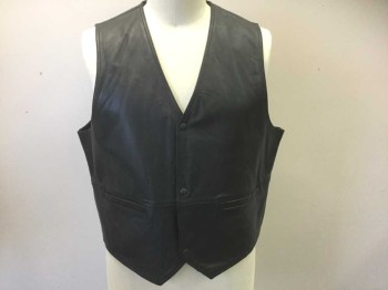 Mens, Leather Vest, WILSON, Black, Leather, Solid, XXL, Snap Front, 2 Welt Pockets, V-neck, Black Lining