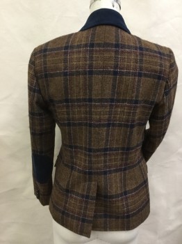 BROOKS BROTHERS, Brown, Navy Blue, Rust Orange, Tan Brown, Wool, Plaid, Single Breasted, 3 Buttons,  3 Flap Pocket, 1/3 Corduroy Notched Lapel & Elbow Patches