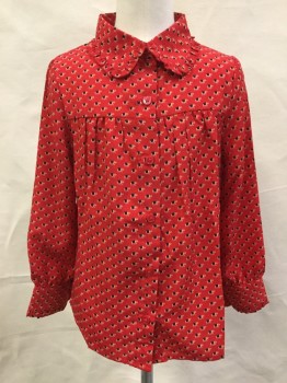 Childrens, Blouse, LA MINIATURA, Red, Navy Blue, Yellow, Polyester, Novelty Pattern, 6, Button Front, Gathers From Front Yoke, Peter Pan Collar with Ruffle Trim, Long Sleeves with Button Cuffs and Ruffle Trim