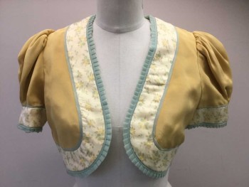 Womens, 1930s Vintage, Piece 2, N/L, Mustard Yellow, Lt Yellow, Sage Green, Cream, Beige, Silk, Floral, Solid, B:34, Bolero Jacket,  Solid Mustard Silk Crepe with 1.5" Light Yellow Floral Edging, Sage Pleated Ruffle Trim, Short Gathered/Puffy Sleeves, Cropped Length, Open at Center Front, Made To Order Reproduction ***Set Contains Non Coded Belt and Purse - Belt is Sage/Light Green Suede with Plastic Buckle, Purse is Light Yellow Cotton Clutch with Light Yellow Delicate Floral Embroidered Appliqué