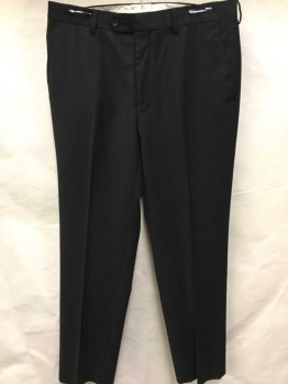 MANTONI, Black, Wool, Solid, Flat Front, Zip Front, 1 Button at Waistband