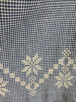 Womens, Apron , N/L, Navy Blue, White, Cotton, Grid , Check , W:27, Pinafore, Wide Scoop Neck, V Shape Yoke at Bust, Gathered at Waist, 2 Button Closures in Back, White Cross Stitched Geometric Shapes at Hem,