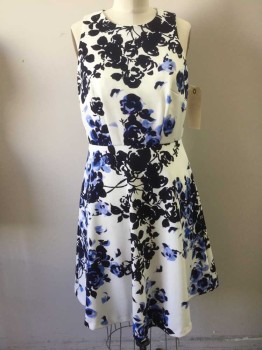 D MORGAN, Navy Blue, White, Lt Blue, Synthetic, Floral, Round Neck,  Sleeveless, Back Zipper, Fitted Bodice, Flared Skirt 2 Pockets,