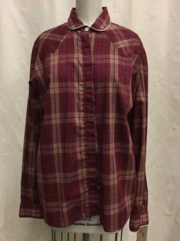 KARMAN, Red Burgundy, Beige, Black, Synthetic, Plaid, Burgundy, Beige/black Plaid, Snap Front, Rounded Collar Attached, Long Sleeves,