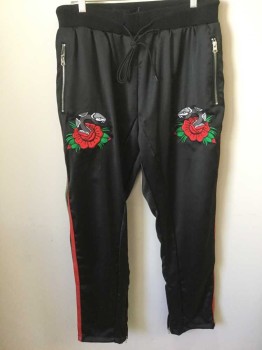 Mens, Sweatsuit Pants, REASON, Black, Red, Green, Gray, Polyester, Novelty Pattern, Stripes - Horizontal , XXL, Black Satin, with Red and Green Snake skin Texture Out seam Stripes, Red, Green and Gray Snake and Rose Patch Appliqués at Hips, 2" Wide Rib Knit Waistband, Drawstrings at Waistband, 2 Silver Zip Pockets at Sides, 2 Patch Pockets In Back