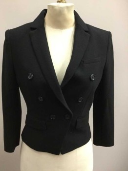 H&M, Black, Polyester, Viscose, Solid, Self Textured, Single Breasted, 6 Buttons, 3 Pockets, Collar Attached,  Notched Lapel, 3/4 Sleeves,