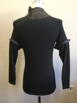 UNDER ARMOUR, Black, Gray, Burnt Orange, Lycra, Cotton, Solid, Black Lycra Knit Top with Mottled Painted Gray Neck Band and Chest Front with Burnt Orange & Black Webbing Strips with Metal Buckle Detail at Front Chest. Rubber Rings on Sleeves