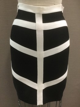 BEBE, Black, Synthetic, with White Stripes, Bandage Skirt, Zip Back