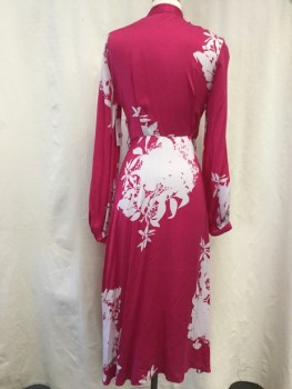EQUIPMENT, Magenta Pink, White, Silk, Viscose, Floral, Surplice, Snap Button Closure, Partial Stand Collar Attached,