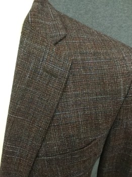SAKS FIFTH AVE, Red Burgundy, Lt Blue, Brown, Black, Wool, Viscose, Tweed, Single Breasted, Collar Attached, Notched Lapel, 3 Pockets