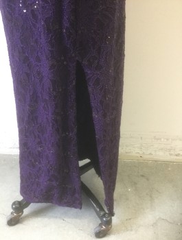 RALPH LAUREN, Dk Purple, Polyester, Sequins, Solid, Sheer Lace with Sequins Scattered Throughout, Sheer Long Sleeves, Surplice V-neck, Empire Waist, Ruching at Side Waist, Floor Length, Slit at Side Hem