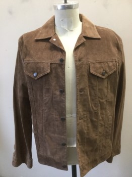 JONATHAN LOGAN, Brown, Suede, Solid, Jean Jacket Style, Button Front, Pocket Flap, Slit Pockets, Collar Attached,