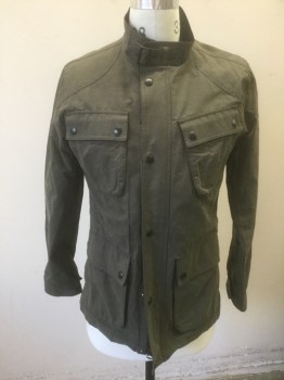 BANANA REPUBLIC, Dk Olive Grn, Cotton, Nylon, Solid, Brownish Olive, Zip and Snap Front, Black Corduroy Lining on Stand Collar, Waterproof Material, 4 Pockets, Gray/Black Plaid Half Lining