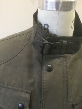 BANANA REPUBLIC, Dk Olive Grn, Cotton, Nylon, Solid, Brownish Olive, Zip and Snap Front, Black Corduroy Lining on Stand Collar, Waterproof Material, 4 Pockets, Gray/Black Plaid Half Lining