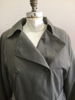 LONDON FOG, Gray, Cotton, Polyester, Solid, Peaked Lapel, Double Breasted, Belt, Zip Out Black Lining
