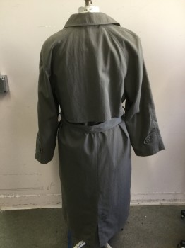 LONDON FOG, Gray, Cotton, Polyester, Solid, Peaked Lapel, Double Breasted, Belt, Zip Out Black Lining