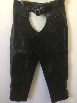Mens, Chaps, BUFFALO LEATHER, Black, Leather, Solid, L, Pebbled Leather, Zip and Snap Legs, Lace Up and Silver Buckle at Waist