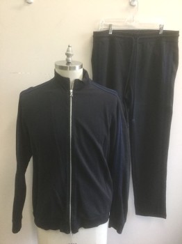 VELVET, Black, Navy Blue, Cotton, Solid, Jersey, 2 Navy Stripes at Shoulder/Outer Sleeves, Zip Front, Stand Collar,