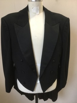 Mens, Tailcoat 1890s-1910s, MTO, Black, Wool, Silk, Solid, 44, Tailcoat, Silk Peaked Lapel, Open Front with 6 Buttons,